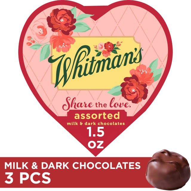 WHITMAN'S SAMPLER Valentine's Day Assorted Milk &amp; Dark Chocolate Candy Heart Gift Box, 1.5 oz.