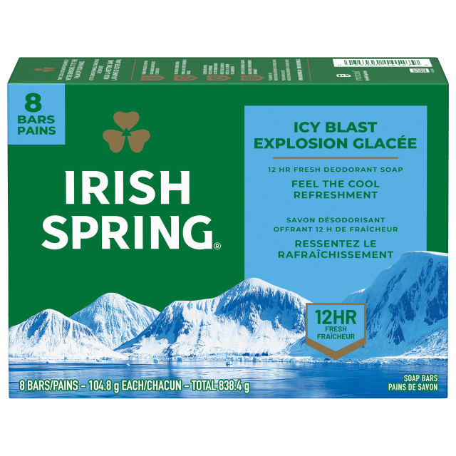 Pain de savon désodorisant Irish Spring Icy Blast pour homme, Avec huile de lin, Savon désodorisant offrant 12 heures de fraîcheur, Pain de 104,8 g (lot de 8)