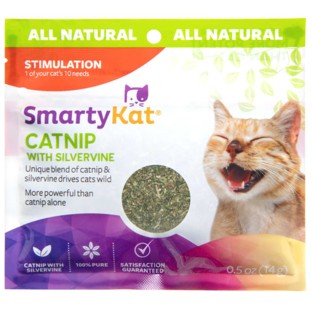 SmartyKat Catnip with Silvervine Attractant Blend, More Potent for Finicky Felines, Stimulating Positive Training Aid in a Resealable Pouch, 0.5 Ounce