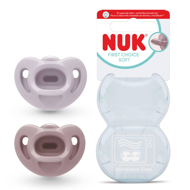 NUK First Choice Soft Chupete para beb | 0-6 meses | Chupetes ortodnticos hechos de silicona 100% sper suave | 95% de aceptacin por parte de los bebs** | Morado / Rojo | 2 unidades