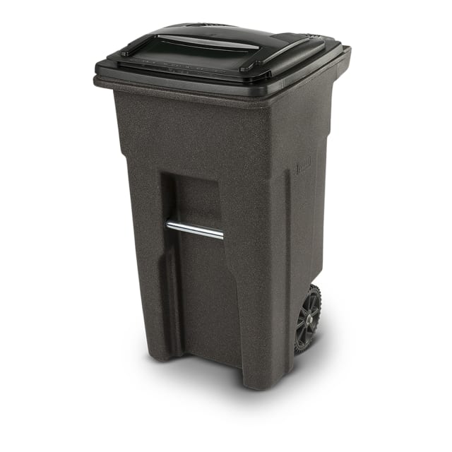 32 Gal. Brownstone Trash Can with Wheels and Attached Lid