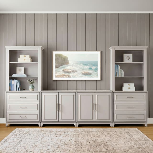 Lily Pond 6-Piece Modular Media Center, 2 Base Cabinets, 2 Cabinets with Drawers, 2 Open Shelf Hutches, Soft-Close Hinges, Sharkey Gray/Brushed SS