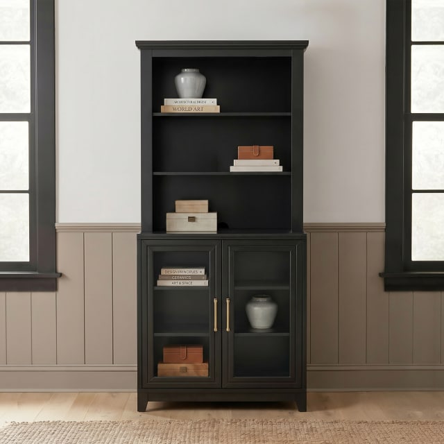 Bedford Fluted Modular Cabinet and Hutch Set, Gold Hardware, Open Top Shelves, Soft-Close Glass Doors, Black