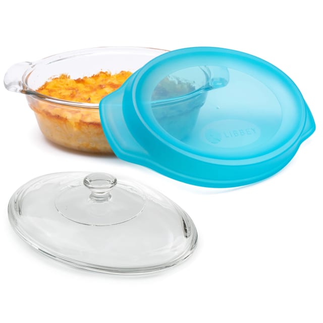 Libbey Baker’s Premium 2-Quart Oval Glass Casserole Dish with Glass Lid and Plastic Storage Lid, Stackable Bakeware with GreatGrip Handles