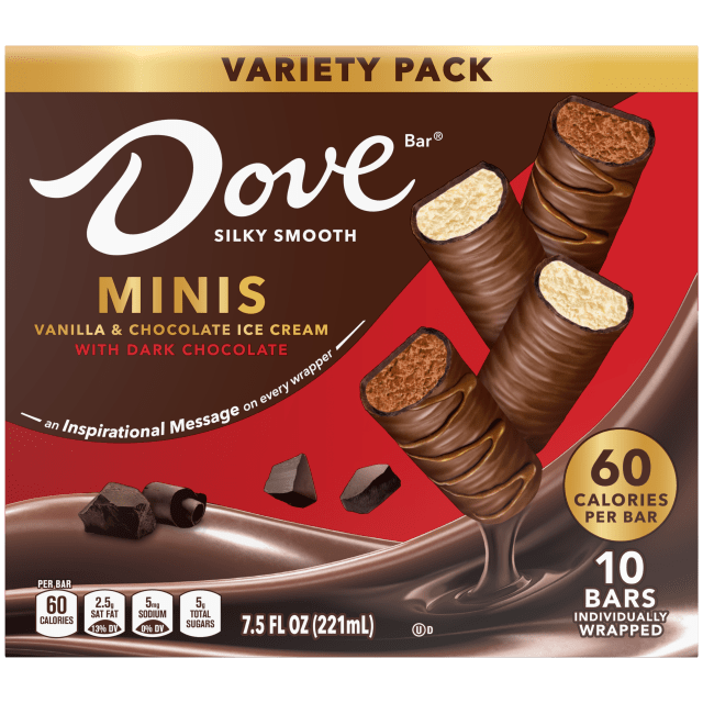DOVE Ice Cream Vanilla &amp; Chocolate Mini Dark Chocolate Individually Wrapped Ice Cream Bars Assortment, 10 Pack, 0.75 Oz Bars