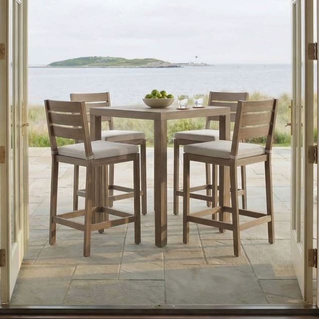 Bedford 5 Piece Aluminum Patio Set, 4 Bar Stools with Cream Cushions, 35.5" Square Patio Table, Brown Brushed Woodgrain Finish