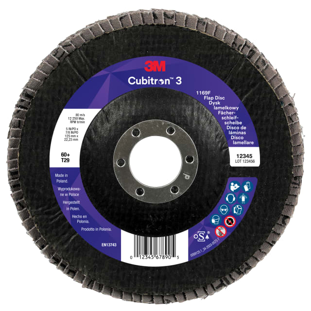 3M™ Cubitron™ 3 Fächerschleifscheibe 1169F, 60+, T29-Konisch, 125 mm x 22,23 mm, 10/Pack, 100 Stück/Packung