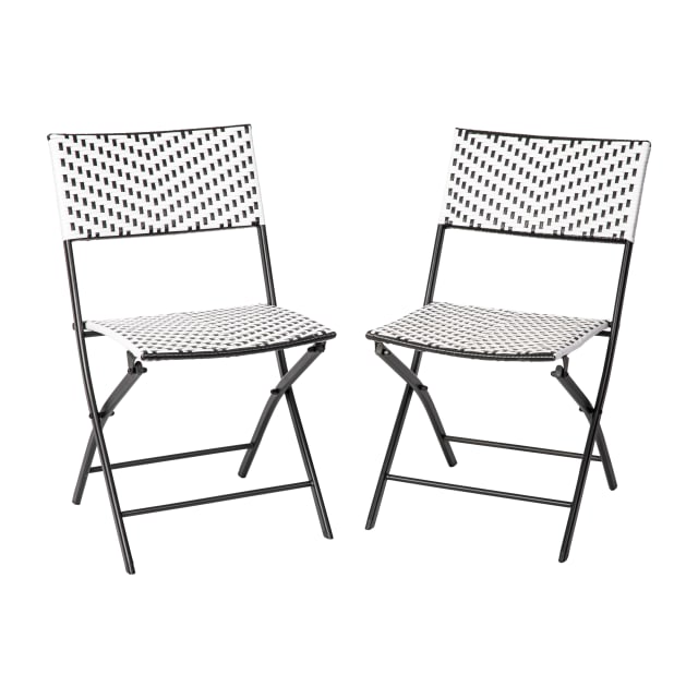 Rouen Set of 2 Commercial Grade Foldable Bistro Chairs, Indoor/Outdoor PE Rattan Back and Seat, Black/White with Black Steel Frames