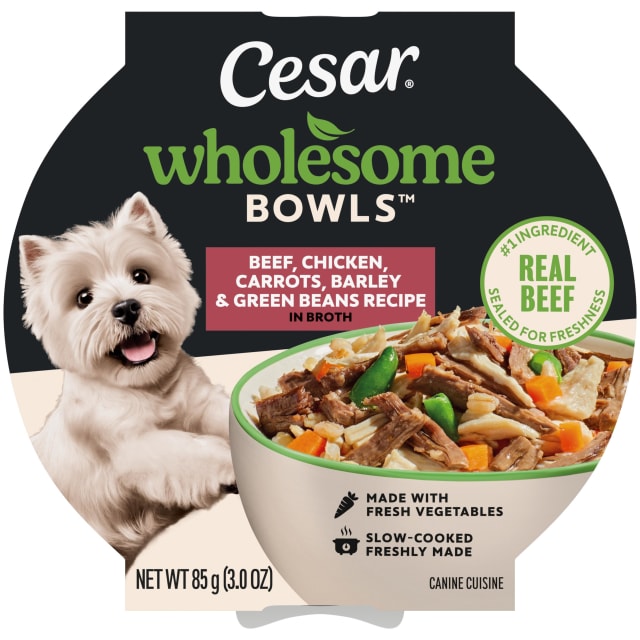 CESAR WHOLESOME BOWLS Adult Soft Wet Dog Food Beef, Chicken, Carrots, Barley & Green Beans Recipe, (10) 3 oz. Bowls