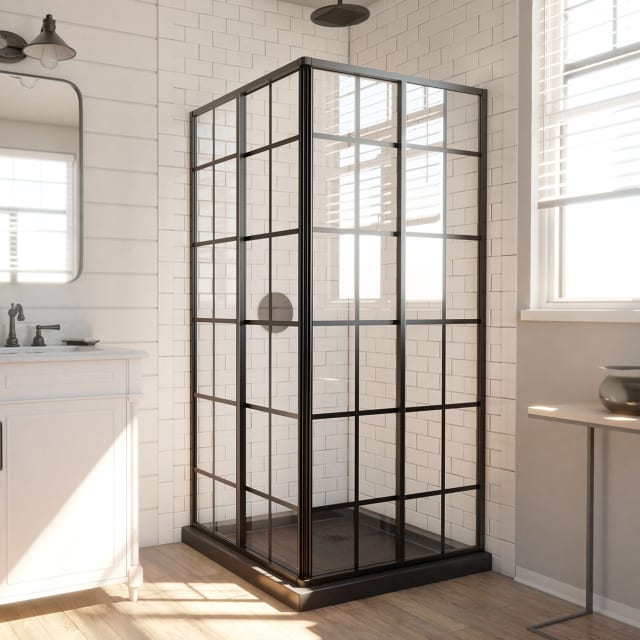 DreamLine French Corner 36 inch D x 36 inch W x 74 3/4 inch H Framed Sliding Shower Enclosure in Matte Black and Corner Drain Black Shower Base Kit