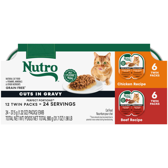 Nutro Wet Cat Food Cuts in Gravy MultiPack: Chicken Recipe and Beef Recipe, (12) 2.64 oz. Trays