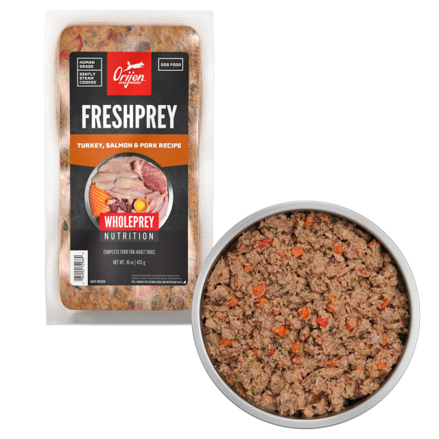 ORIJEN FRESHPREY Frozen Dog Food – 100% Human Grade, Gently Steam Cooked, Thaw and Serve - 85% Animal Ingredients* – Turkey, Salmon & Pork Recipe – Complete Food for Adult Dogs