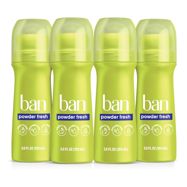 Ban Invisible Roll-On Antiperspirant Deodorant, Powder Fresh, 3.5 oz, 4pk