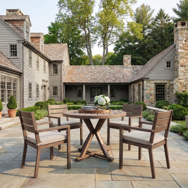 Bedford 5 Piece Aluminum Patio Set, 4 Stackable Dining Armchairs with Cream Cushions, 36" Round Trestle Base Table, Brown Brushed Woodgrain Finish