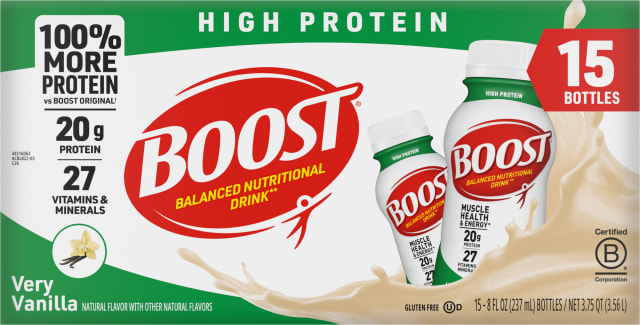 BOOST 20g High Protein Nutritional Drink Shakes, Very Vanilla, 8 fl oz, 15 Pack