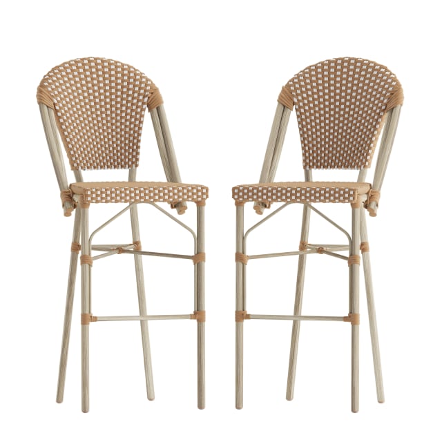Lourdes Set of 2 Stackable Indoor/Outdoor Bistro 30" High Bar Stools, Commercial Grade, Natural/White and Light Natural Finish