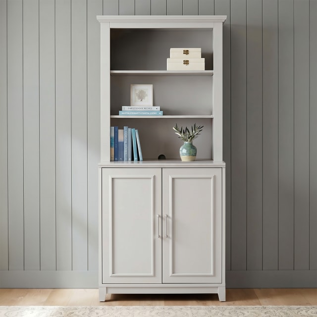 Lily Pond 2-Piece Modular Cabinet and Hutch Set with Brushed Stainless Steel Hardware, Open Top Shelves, Soft-Close Doors, Sharkey Gray