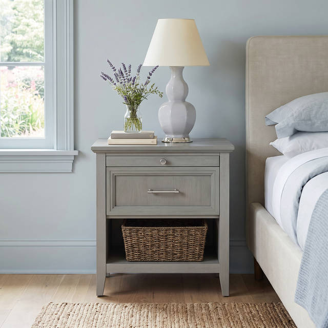 Bedford Shaker 1-Drawer Nightstand with Charging Station, Pull-out Tray, Open Storage Shelf and Solid Wood Frame in Gray Woodgrain