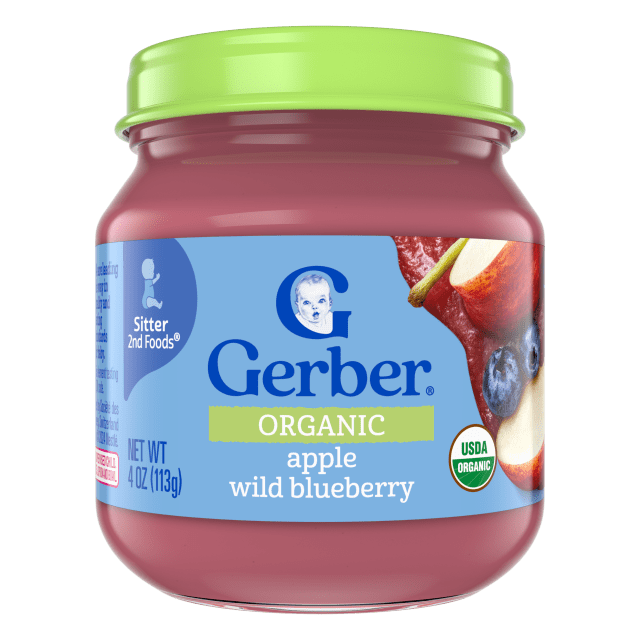 Gerber Stage 2 Baby Food, Organic Apple Wild Blueberry Jar, Non-GMO, Baby Puree