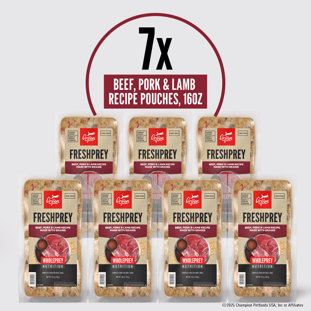 ORIJEN FRESHPREY Frozen Dog Food – 100% Human Grade, Gently Steam Cooked, Thaw and Serve – 85% Animal Ingredients* – Beef, Pork & Lamb Recipe Made with Grains – Complete Food for Adult Dogs
