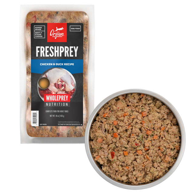 ORIJEN FRESHPREY Frozen Dog Food – 100% Human Grade, Gently Steam Cooked, Thaw and Serve – 85% Animal Ingredients* – Chicken & Duck Recipe – Complete Food for Adult Dogs