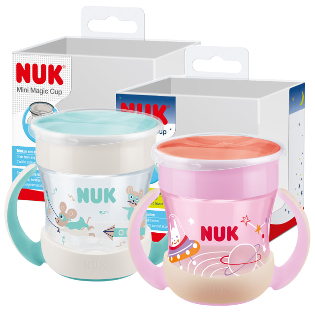NUK Mini Magic Cup Night Sippy Cup | 6+ Months | 160 ml | 360 Anti-Spill Rim to Drink from Any Side | Glow in the Dark | Easy Grip Handles | BPA-Free | Bunny (pink) | 2 Count