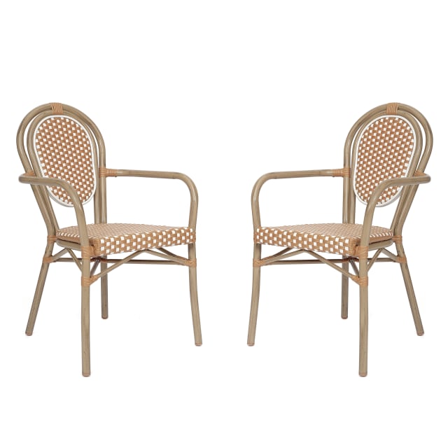 2 Pack Lourdes Indoor/Outdoor Commercial Thonet Bistro Stack Chair with Arms, Natural/White PE Rattan and Bamboo Aluminum Frame in Lt Natural