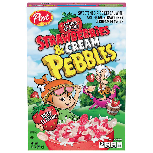 Strawberries and Cream PEBBLES Gluten Free Breakfast Cereal, Creamy Rice Crunch, 10 oz Box