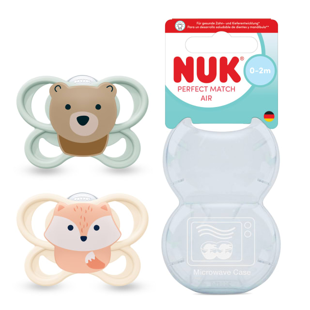 NUK Perfect Match Air Chupete | 0-2 meses | Chupetes ortodnticos que facilitan la ventilacin y evitan la irritacin | 95% de aceptacin por parte de los bebs** | Oso / Zorro | 2 unidades