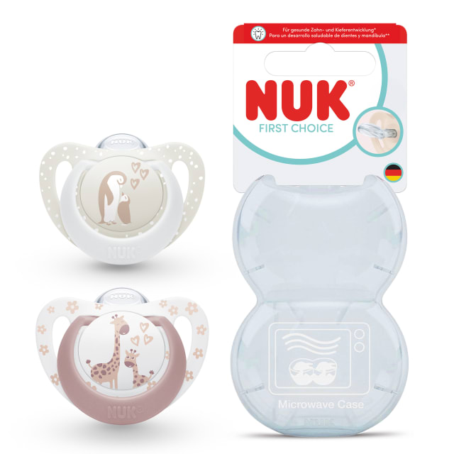 NUK First Choice Chupete para beb | 0-6 meses | Chupetes ortodnticos | Calma al 99% de los bebs** | Pingino / Jirafa | 2 unidades