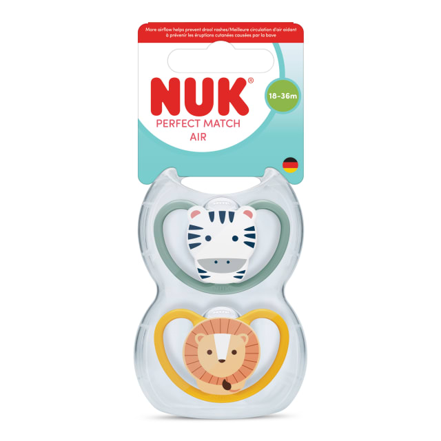 Sucettes ares pour bb NUK Perfect Match, 18 36mois, sucettes orthodontiques qui encouragent le flux de lair et prviennent lirritation due la salive, 95% dacceptation des bbs**, lion et zbre, 2pices