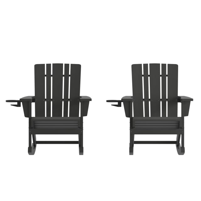 Halifax Adirondack Rocking Chair with Cup Holder, Weather Resistant HDPE Adirondack Rocking Chair in Black, Set of 2