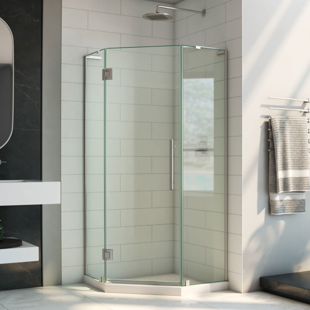 DreamLine Prism Plus 40 inch x 40 inch x 72 inch Frameless Neo-Angle Hinged Shower Enclosure in Brushed Nickel
