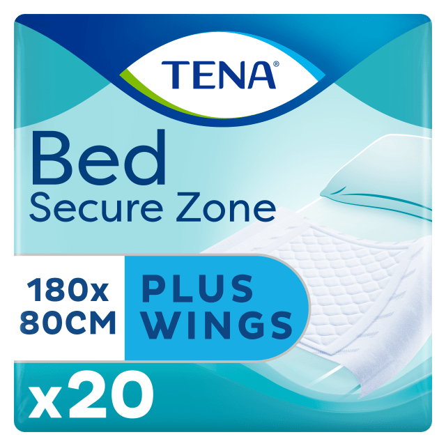TENA Bed Secure Zone Plus Wings – Absorbent Incontinence Bed Pads with Wings for Secure Fit, Secure Zone Pattern with Super-Absorbent Micro Beads, Dermatologically Tested - 180 cm x 80 cm, Pack of 20