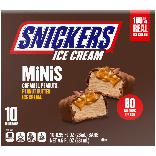 SNICKERS Ice Cream Minis, Milk Chocolatey Caramel Peanut Butter Ice Cream Bars, 10 Pack, 9.5 Oz
