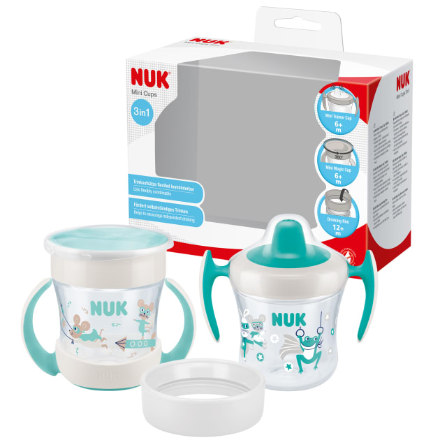 NUK Mini Cups 3-in-1 Sippy Cup Set | Mini Magic Cup 360 Cup, Trainer Cup with Soft Spout and Drinking Rim | 6+ months | Ergonomic Handles | BPA-free | 160 ml | 2 Count