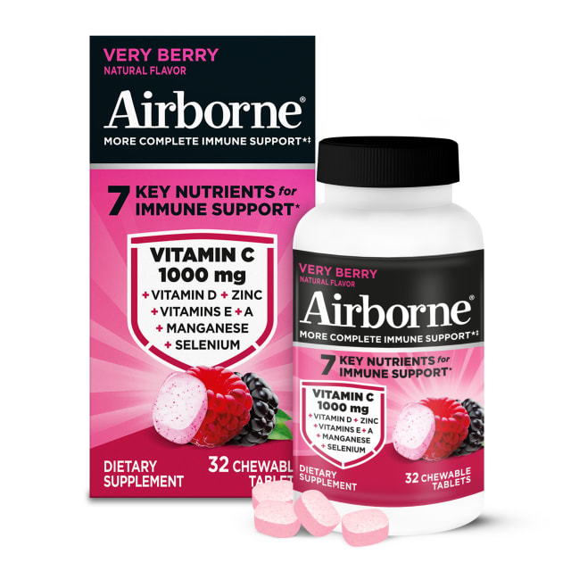 Airborne Sehr Beeren-Kaubtabletten, 32 Stück | Immununterstützung mit 1000 mg Vitamin C + Vitamin A, D, E, Zink, Selen & Mangan | Kräutermischung | Glutenfrei