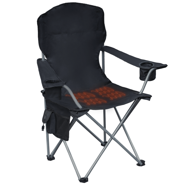 Camp & Go Heated Deluxe Quad Outdoor Camping Chair, Folding Heated Chair with 18" USB Cable, Storage Compartment, and Cup Holders, Black