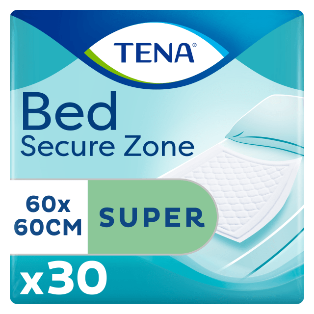 TENA Bed Secure Zone Super – Incontinence Bed Pads for Mattresses, Chairs &amp; Wheelchairs, Secure Zone Pattern with Super-Absorbent Micro Beads, Dermatologically Tested - 60 cm x 60 cm, Pack of 30