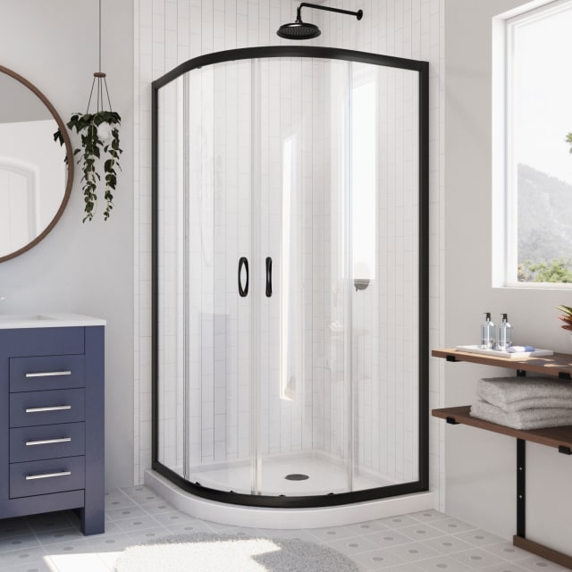 DreamLine Prime 36 inch D x 36 inch W x 74 3/4 inch H Semi-Frameless Sliding Clear Shower Enclosure in Matte Black with White Shower Base Kit