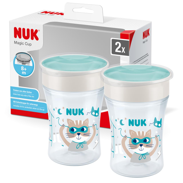 NUK Magic Cup Sippy Cups | 360 Anti-Spill Rim | 8+ Months | Leak-Proof & BPA-Free | 230 ml | Teal Cat | 2 Pack