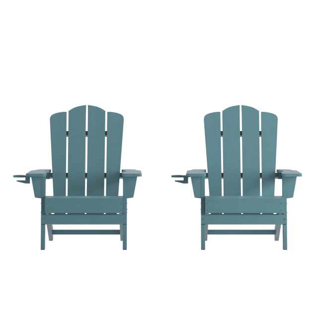 Newport Adirondack Chair with Cup Holder, Weather Resistant HDPE Adirondack Chair in Blue, Set of 2