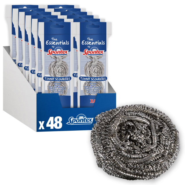 Spontex The Essentials Tough Metal Scourers | Stainless Steel Scouring Sponges | Heavy Duty for Easy Washing Up, Grease Removal and Dish Scrubbing | 12 x 4 Pack (48 Total)