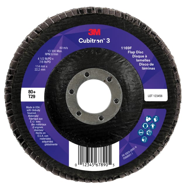 Disco Flap 3M™ Cubitron™ 3 1169F, 80+, T29-Cônico, 114,3 mm x 22,23 mm, 10 unidades/caixa