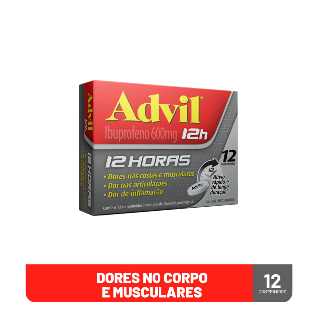Advil 12h Analgésico com Ibuprofeno 600mg Alívio da Dor Muscular 12 Comprimidos