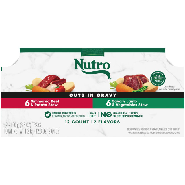 NUTRO Adult Natural Grain Free Wet Dog Food Cuts in Gravy Simmered Beef & Potato Stew and Savory Lamb & Vegetable Stew Variety Pack, (12) 3.5 oz. Trays
