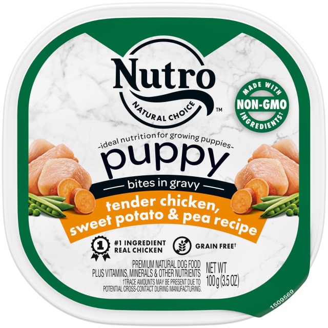 NUTRO PUPPY Grain Free Natural Wet Dog Food Bites in Gravy Tender Chicken, Sweet Potato & Pea Recipe, (24) 3.5 oz. Trays