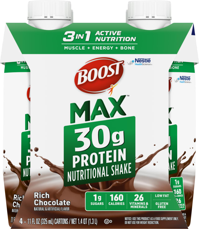 BOOST Max 30g High Protein Nutritional Drink Shakes, Rich Chocolate, 11 fl oz, 4 Pack