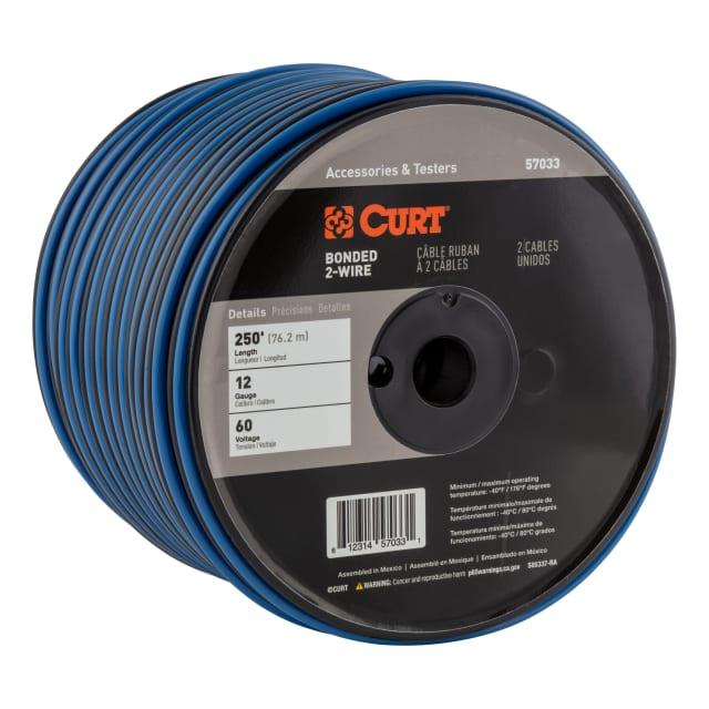 CURT Automotive Primary Wire, 2-Bond Black, Blue 250-Foot Trailer Wiring Spool, 60-Volt, 12-Gauge#57033