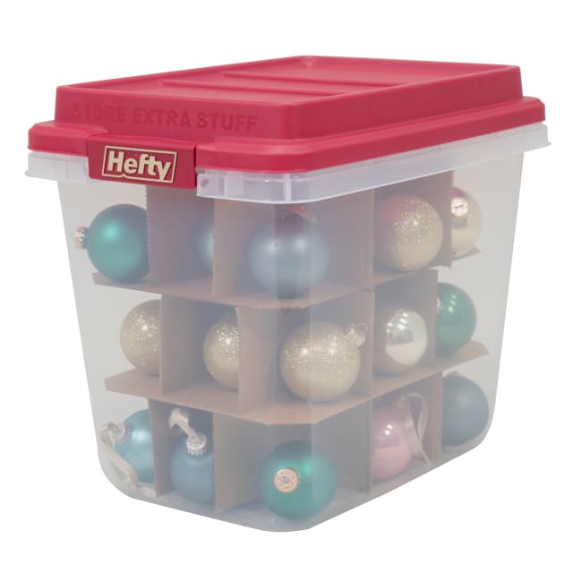 Hefty Holiday 32 Qt. Clear Storage Bin with Ornament Dividers, Red Lid